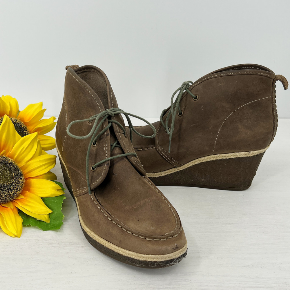 Olukai Wali Brown Suede Leather Wedge Ankle Boots Lace Up Size 8